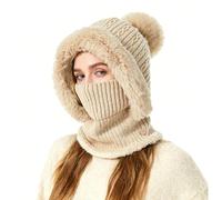 TAGVO Gorro de Punto Invierno Mujeres, Invierno Cálido Gorro De Punto y Calentador De Cuello, Pasamontañas Térmico Invierno de Viento con Mascarilla, Forro Suave y Grueso para Al Aire Libre,Beige
