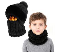 TAGVO Gorro y Bufanda de Punto Holgado Invierno para Unisex Niños, 3 en 1 Gorro Beanie con Pompón de Térmico Elástico Transpirable Forro Polar, Pasamontañas Balaclava Esquí Ciclismo para Niños y Niñas