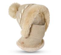 TAGVO Pasamontañas Térmico de Invierno Mujeres, Gorro de Punto Térmico a Prueba de Viento con Bola de Pelo, Capucha De Lana Elástico con Calentador de Cuello con Forro de Vellón Máscara