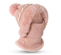 TAGVO Pasamontañas Térmico de Invierno Mujeres, Gorro de Punto Térmico a Prueba de Viento con Bola de Pelo, Capucha De Lana Elástico con Calentador de Cuello con Forro de Vellón Máscara