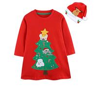 TAGVO Vestido de Manga Larga para Niñas - Falda de Navidad Con Cuello Redondo, Lentejuelas, Árbol de Navidad y Reno - Vestido Casual de Algodón para 2-7 Años