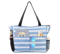 TAHAVICE Bolsas de playa para mujer, bolsas de playa grandes impermeables con cremallera, bolsa de piscina para viajes, vacaciones, Rayas azul claro y blanco, Talla única