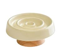 Taidda Cuenco Elevado para Gatos con Comedero Lento, Cuenco de Cerámica Antideslizante con Base de Madera de Caucho para el Hogar, Diseño de Ranuras Circulares para Comer Lentamente (Beige Claro)
