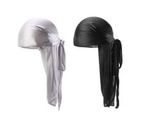 Tail larga Durag Waves Breathable Waves CAPA DURAG Capa de turbante de pañuelo 2 piezas de seda gris negro