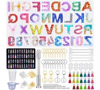 Tailcas 314 Piezas Moldes Silicona de Resina Epoxi con Número de Letras, Kit con 48 Polvo de Purpurina y Accesorios para Hacer Colgante, Joyería, Llavero, DIY, Manualidades