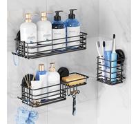 TAILI Organizador de Ducha con Ventosa, Paquete de 3 Estantes para el Interior con Ganchos y Soporte para jabón, Vasos para Cepillos de Dientes, Organizador de baño Extraíble, Soporte Negro