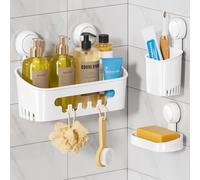 TAILI Organizador de ducha con ventosa, soporte para jabón y cepillo de dientes, sin perforación, extraíble, organizador de baño, potente, resistente, impermeable, para baño y cocina, color blanco