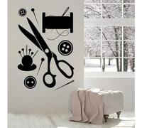 Tailor Shop Calcomanía de pared de costura Atelier tijeras botón agujas hilos pegatinas de pared vinilo extraíble costura decoración mural 42 x 61 cm