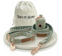 Tails of Glory - Set de Paseo de Lujo para Perro de 3 Piezas - Collar Ajustable, Correa de 150 cm, Porta Bolsas - Tweed inglés y Suave Terciopelo - Elegante, cómodo y práctico - 3 Colores