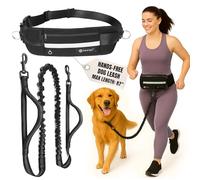 Tails & Tales Correa para perro manos libres con riñonera, asas acolchadas dobles y tira reflectante, elástica que absorbe los golpes para perros grandes y medianos de hasta 100 libras, correr