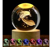 TaimeiMao Axolotl Bola de Cristal 3D, Luz Nocturna de Bola de Cristal Clover, 6cm Lámpara de Noche LED con Base de Madera, Decoración de Fantasía, Luz Nocturna, Regalo