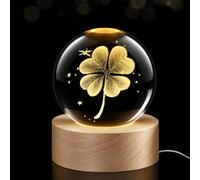 TaimeiMao Bola de Cristal 3D, Luz Nocturna de Bola de Cristal Clover, 6cm Lámpara de Noche Con Base de Madera, Decoración de Fantasía, Luz Nocturna, Regalo