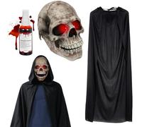 TaimeiMao Máscara Calavera Halloween con Iluminación Led Ojos, Capa Negra con Capucha, Sangre Falsa Spray 30ml, Careta Esqueleto para Mujeres Hombres, Carnaval Navidad Cosplay Fiesta Disfraces