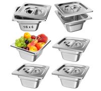 TAIMIKO 6 recipientes de acero inoxidable con tapas, bandeja Gastronorm GN 1/6, 100 mm de profundidad, contenedor de almacenamiento de alimentos Bain Marie Catering, sartenes de 1 mm de grosor (1/6