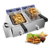 TAIMIKO Doble Freidora Eléctrica, Freidora Profesional Comercial de Acero Inoxidable 2 Tanque Profesional 6L *2 con Grifo de Dreno, Temporizador de 60 minutos Freidora Profesional 2500W*2
