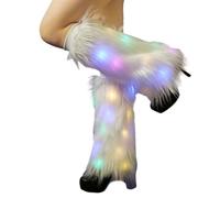 Tainrunse Calentadores de piernas de invierno, 1 par para mujer, otoño e invierno, con luz LED, calentadores de piernas peludos de piel sintética, fundas de botas de felpa elástica, blanco, 25cm