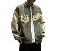 Tainrunse Chaqueta de béisbol de tela de gamuza con patrón de letras retro para hombre con cuello alto de manga larga bolsillos laterales de un solo pecho bordado estampado patchwork, verde, L