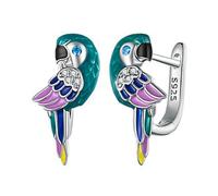 TAIOYHD 925 Sterling Silver Parrot Huggie Earrings for Women - Enamel Animal Dangle Earrings with Cubic Zirconia, Cute Tropical Bird Jewelry for Gift
