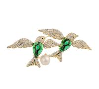 TAIOYHD Broche de pájaro doble chapado en oro con micro pavé de circón verde y perla de concha de ónix(Golden-white freshwater)