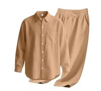 TAIOYHD Conjunto de Lino y Algodón para Hombre de 2 Piezas - Camisa y Pantalón Casual(Khaki,XXL)