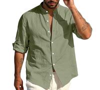 TAIOYHD Mens Guayabera Shirt Linen Blend Mandarin Collar Casual Long Sleeve Summer Beach Shirts Cuban Style Top with Pocket(Olive Green,S)