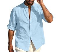 TAIOYHD Mens Guayabera Shirt Linen Blend Mandarin Collar Casual Long Sleeve Summer Beach Shirts Cuban Style Top with Pocket(Azul Claro,XXL)