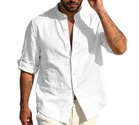 TAIOYHD Mens Guayabera Shirt Linen Blend Mandarin Collar Casual Long Sleeve Summer Beach Shirts Cuban Style Top with Pocket(Blanco,XXL)