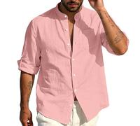 TAIOYHD Mens Guayabera Shirt Linen Blend Mandarin Collar Casual Long Sleeve Summer Beach Shirts Cuban Style Top with Pocket(Rosa,S)