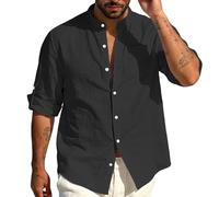 TAIOYHD Mens Guayabera Shirt Linen Blend Mandarin Collar Casual Long Sleeve Summer Beach Shirts Cuban Style Top with Pocket(Negro,XL)