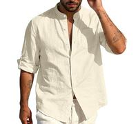 TAIOYHD Mens Guayabera Shirt Linen Blend Mandarin Collar Casual Long Sleeve Summer Beach Shirts Cuban Style Top with Pocket(Beige,XXL)