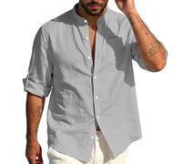 TAIOYHD Mens Guayabera Shirt Linen Blend Mandarin Collar Casual Long Sleeve Summer Beach Shirts Cuban Style Top with Pocket(Gris,XXL)