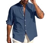 TAIOYHD Mens Guayabera Shirt Linen Blend Mandarin Collar Casual Long Sleeve Summer Beach Shirts Cuban Style Top with Pocket(Azul Marino,L)