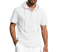 TAIOYHD Men's Short Sleeve Hooded Henley Shirt - Linen Blend Casual Summer Hoodie with Drawstring and 3-Button Placket for Beach, Vacation, and Daily Wear(Blanco,XXL)