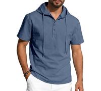 TAIOYHD Men's Short Sleeve Hooded Henley Shirt - Linen Blend Casual Summer Hoodie with Drawstring and 3-Button Placket for Beach, Vacation, and Daily Wear(Navy,XXL)
