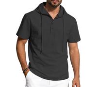 TAIOYHD Men's Short Sleeve Hooded Henley Shirt - Linen Blend Casual Summer Hoodie with Drawstring and 3-Button Placket for Beach, Vacation, and Daily Wear(Negro,L)