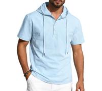 TAIOYHD Men's Short Sleeve Hooded Henley Shirt - Linen Blend Casual Summer Hoodie with Drawstring and 3-Button Placket for Beach, Vacation, and Daily Wear(Light Blue,XXL)