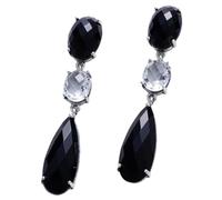 TAIOYHD Women's S925 Sterling Silver Drop Earrings, Black Obsidian & White Crystal Oval Teardrop Dangle Earrings (58mm)