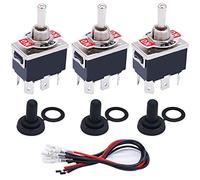 Taiss Interruptor basculante resistente de 6 pines, 3 posiciones, encendido/apagado/encendido DPDT 16A 250VCA, interruptor de bate de metal con tapa de arranque impermeable + cables de terminal de 6,3