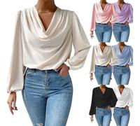TAITUS Camisa de Manga Larga de Gasa, Camisas Casuales holgadas con Cuello en V, Blusa de Gasa Sedosa para Mujer, Camisas Elegantes de Gasa holgadas con frunces en el Frente drapeado (L,Apricot)