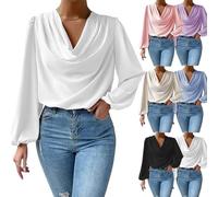 TAITUS Camisa de Manga Larga de Gasa, Camisas Casuales holgadas con Cuello en V, Blusa de Gasa Sedosa para Mujer, Camisas Elegantes de Gasa holgadas con frunces en el Frente drapeado (XXL,White)