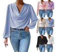 TAITUS Camisa de Manga Larga de Gasa, Camisas Casuales holgadas con Cuello en V, Blusa de Gasa Sedosa para Mujer, Camisas Elegantes de Gasa holgadas con frunces en el Frente drapeado (L,Blue)