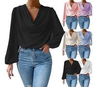 TAITUS Camisa de Manga Larga de Gasa, Camisas Casuales holgadas con Cuello en V, Blusa de Gasa Sedosa para Mujer, Camisas Elegantes de Gasa holgadas con frunces en el Frente drapeado (L,Black)