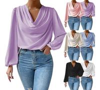 TAITUS Camisa de Manga Larga de Gasa, Camisas Casuales holgadas con Cuello en V, Blusa de Gasa Sedosa para Mujer, Camisas Elegantes de Gasa holgadas con frunces en el Frente drapeado (M,Purple)