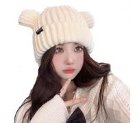 TAITUS Gorro de Punto de Invierno para Mujer,Gorro de Invierno para Mujer, Gorro de Punto Suave, Gorro con Orejas de Oso, Gorro de Lana con pompón y Forro Polar de Punto cálido para Esquiar (Beige)