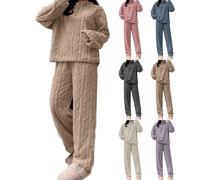 TAITUS Traje de Ocio cálido de Forro Polar para Mujer, Conjunto de Ropa de Dormir de Franela de Forro Polar, Ropa de Estar por casa de Franela, Pijama térmico para Mujer, Conjunto de Pijama (L,Khaki)