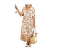 TAITUS Vestido Largo con Cuello en V con Estampado Casual para Mujer, Vestido de Verano de Talla Grande con Manga 3/4, Vestido Cruzado Floral con Cuello en V Envolvente Bohemio (XXX-Large,Khaki)