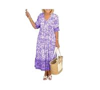 TAITUS Vestido Largo con Cuello en V con Estampado Casual para Mujer, Vestido de Verano de Talla Grande con Manga 3/4, Vestido Cruzado Floral con Cuello en V Envolvente Bohemio (5XL,Purple)