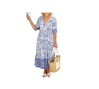 TAITUS Vestido Largo con Cuello en V con Estampado Casual para Mujer, Vestido de Verano de Talla Grande con Manga 3/4, Vestido Cruzado Floral con Cuello en V Envolvente Bohemio (XX-Large,Blue)