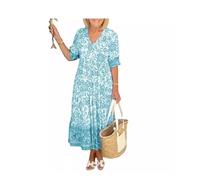 TAITUS Vestido Largo con Cuello en V con Estampado Casual para Mujer, Vestido de Verano de Talla Grande con Manga 3/4, Vestido Cruzado Floral con Cuello en V Envolvente Bohemio (XX-Large,Green)