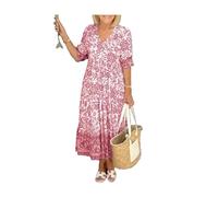 TAITUS Vestido Largo con Cuello en V con Estampado Casual para Mujer, Vestido de Verano de Talla Grande con Manga 3/4, Vestido Cruzado Floral con Cuello en V Envolvente Bohemio (5XL,Pink)